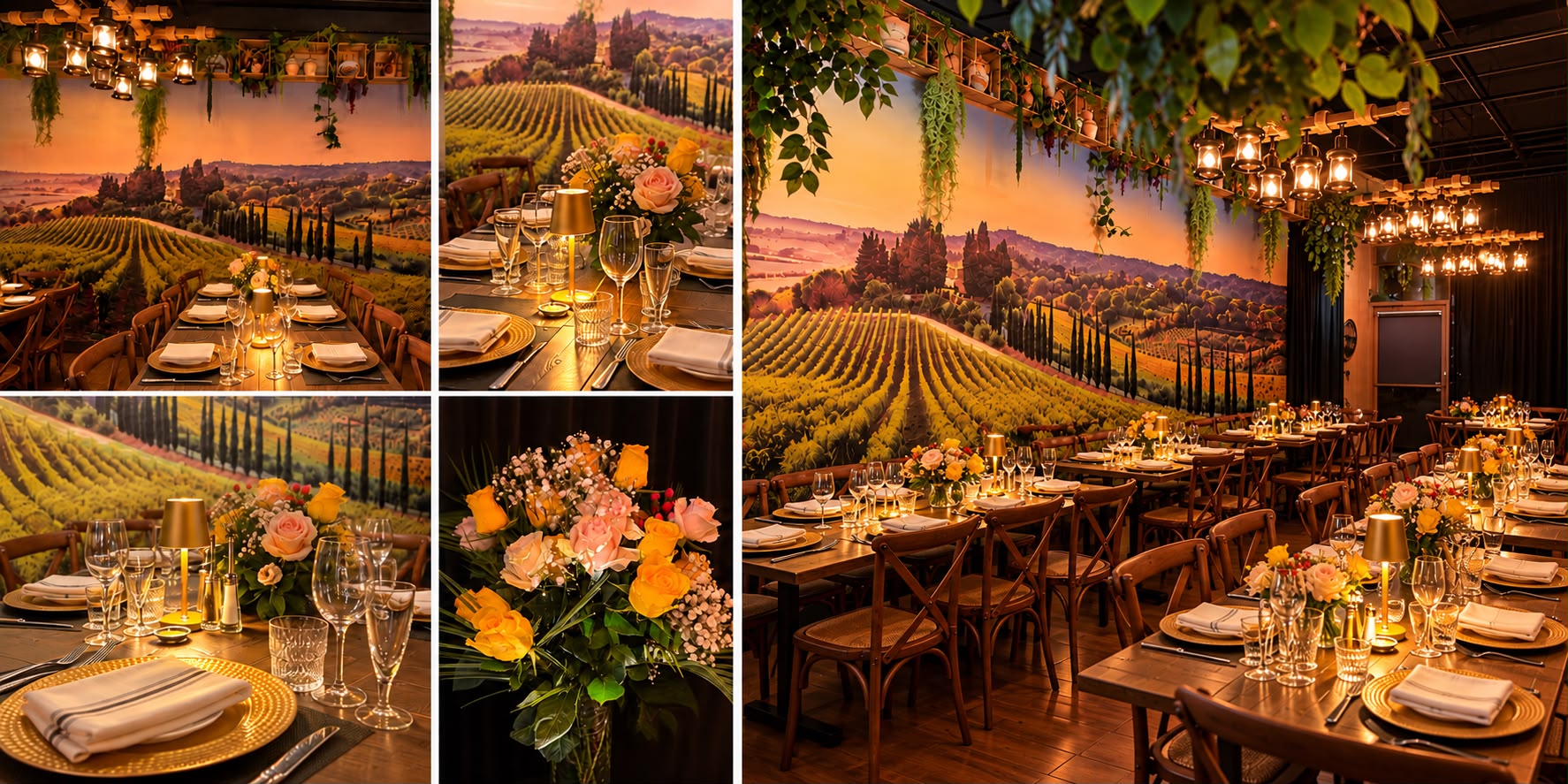 Collage of the Tuscan Room at Contadino with vineyard mural, lantern lighting, set tables and floral centerpieces