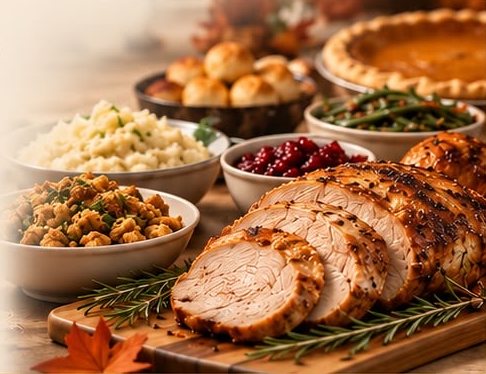 Sliced roasted turkey, stuffing, mashed potatoes, cranberry sauce, green beans, rolls and pumpkin pie for Thanksgiving To Go